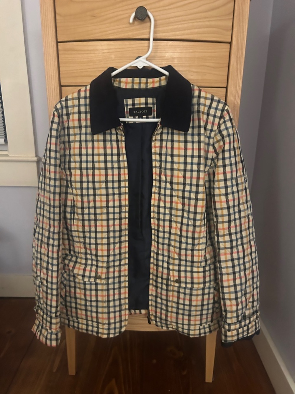 Talbots Plaid Quilted Shirt Jacket in Beige, Navy and Orange